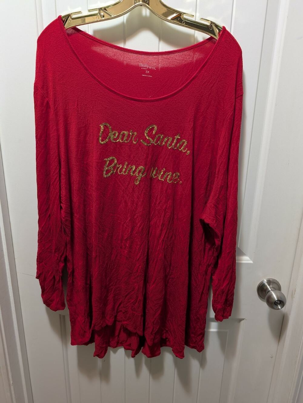Dear Santa Bring Wine Red Gold Sequin Longsleeve Top Shirt Plus Size 3X Holiday
